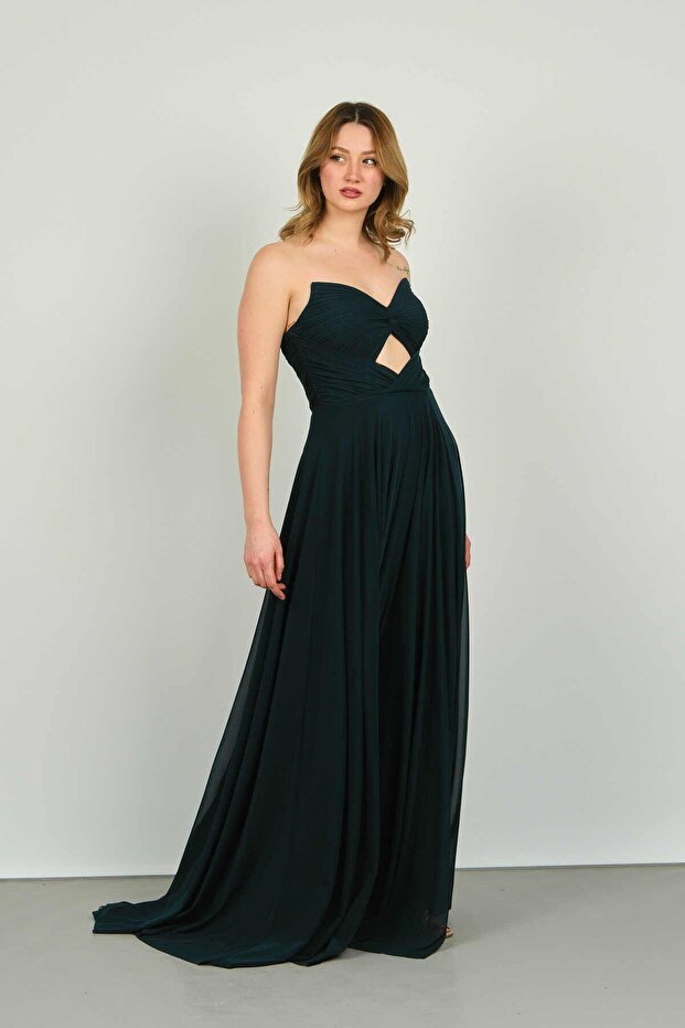 Women's Strapless Window Detailed Deep Slit Tulle Evening Dress 8236 Nefti