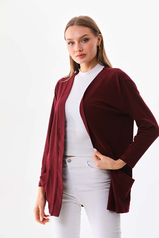 Women's Pocket Detailed Cotton Long Jacket 23976 Claret Red