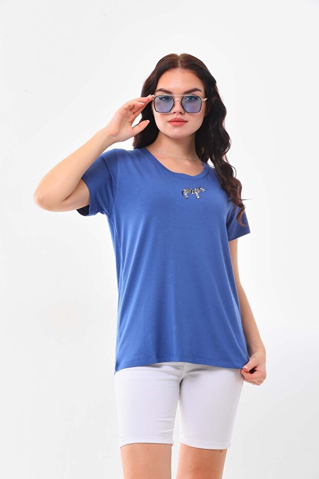 Women's Zebra Patterned Short Sleeve Blouse 23118 Indigo