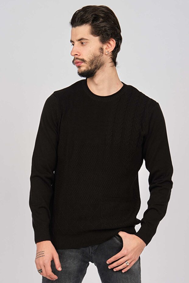 Men's Patterned Crew Neck Sweater 650189407 Black