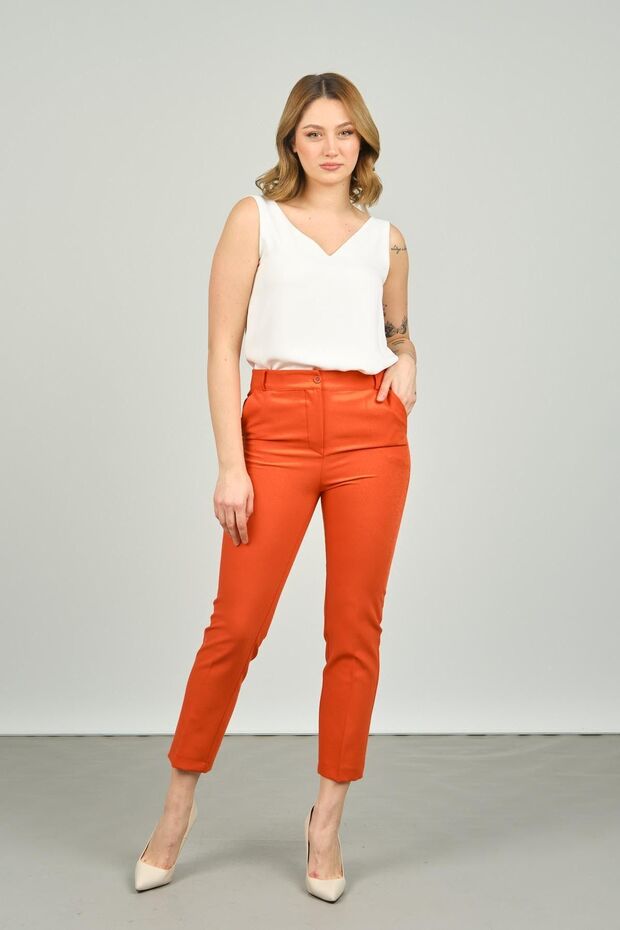 Women's Ankle Length Double Pocket Slim Fit Trousers 7001 Orange