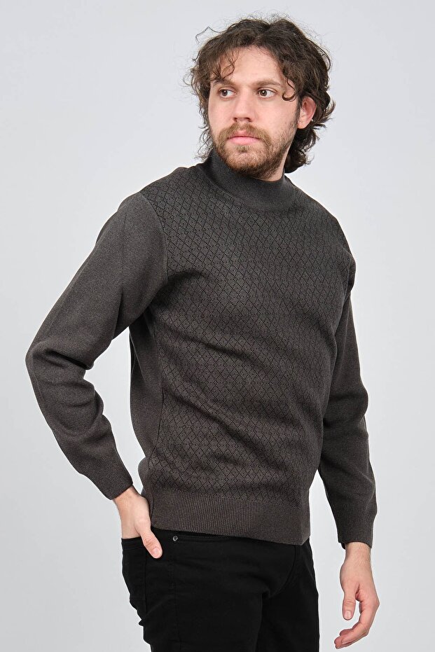 Men's Half Fisherman Patterned Wool Sweater 6092089 Smoked