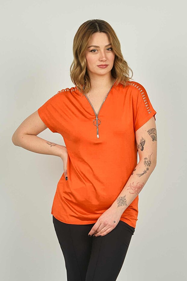 Women's Zippered Short Sleeve Blouse 20E038 Orange