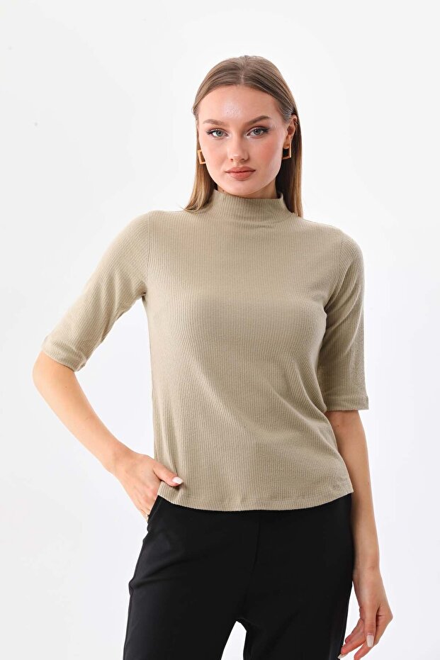 Women's Half Sleeve Half Turtleneck Blouse 20623 Beige