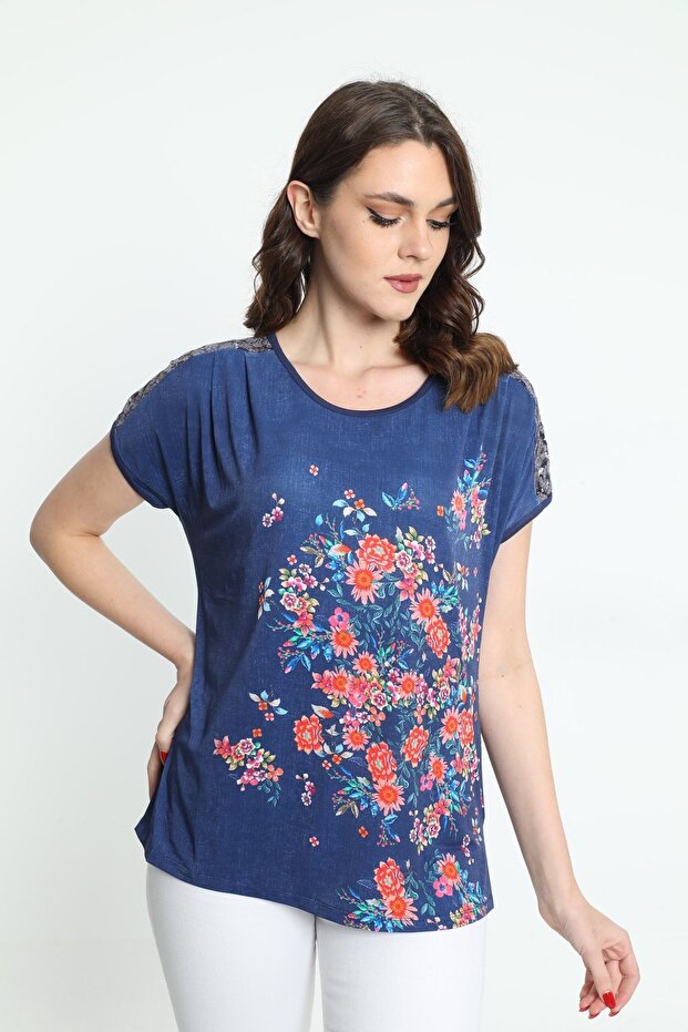 Women's Lace Shoulder Floral Patterned Blouse 5010050 Navy Blue