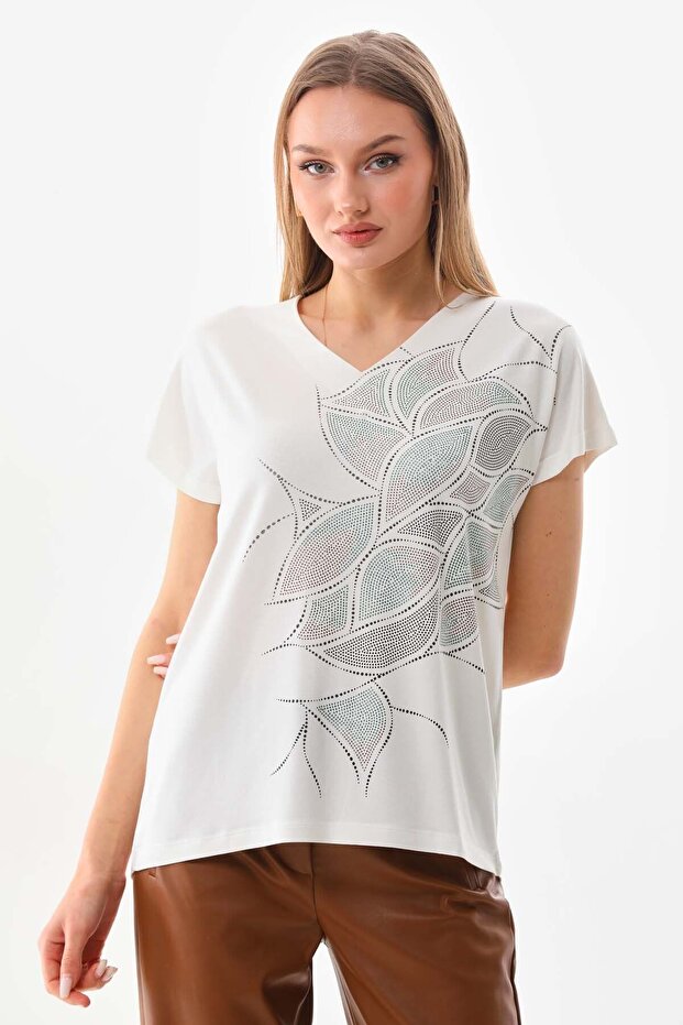 Women's Glitter Printed V-Neck Short Sleeve Blouse 23296 Ecru