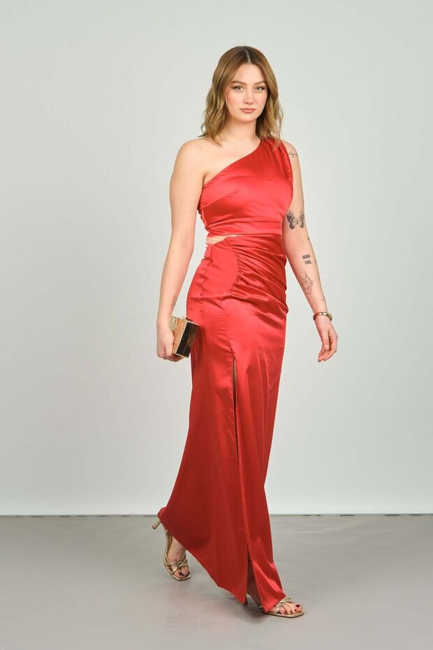 Women's One Shoulder Deep Slit Satin Evening Dress 1873 Red