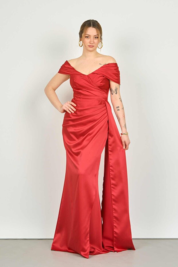 Women's Princess Collar Side Train Deep Slit Evening Dress 3480 Red