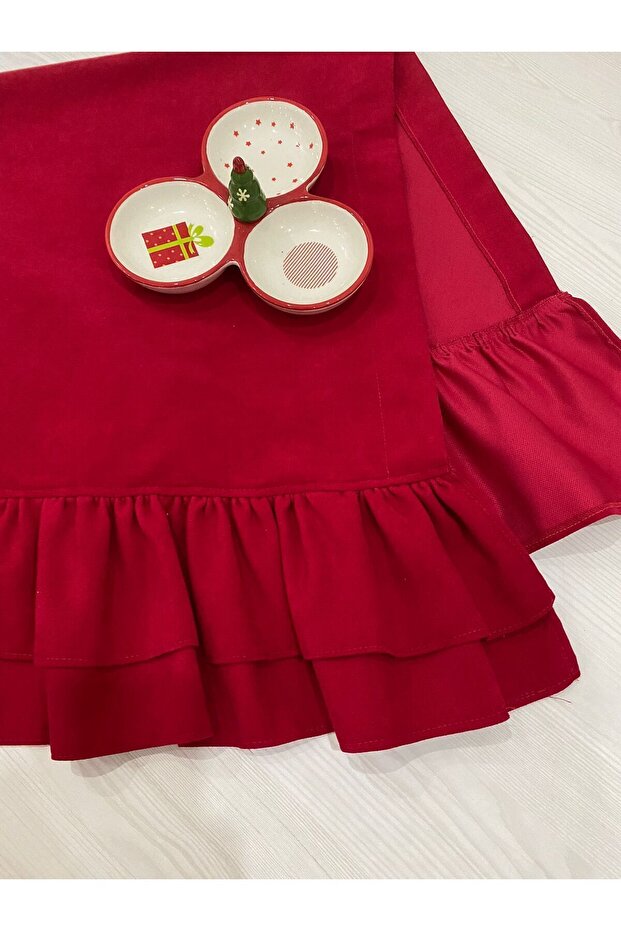 Çift Kat Fırfırlı Runner Sevgililer Günü , Masa Örtüsü, Canlı Kırmızı, Sofra Bezi - 1