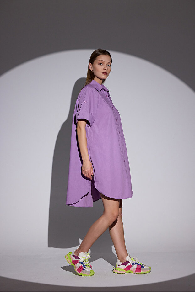 Oversize Kısa Kollu Uzun Basic Gömlek - 4