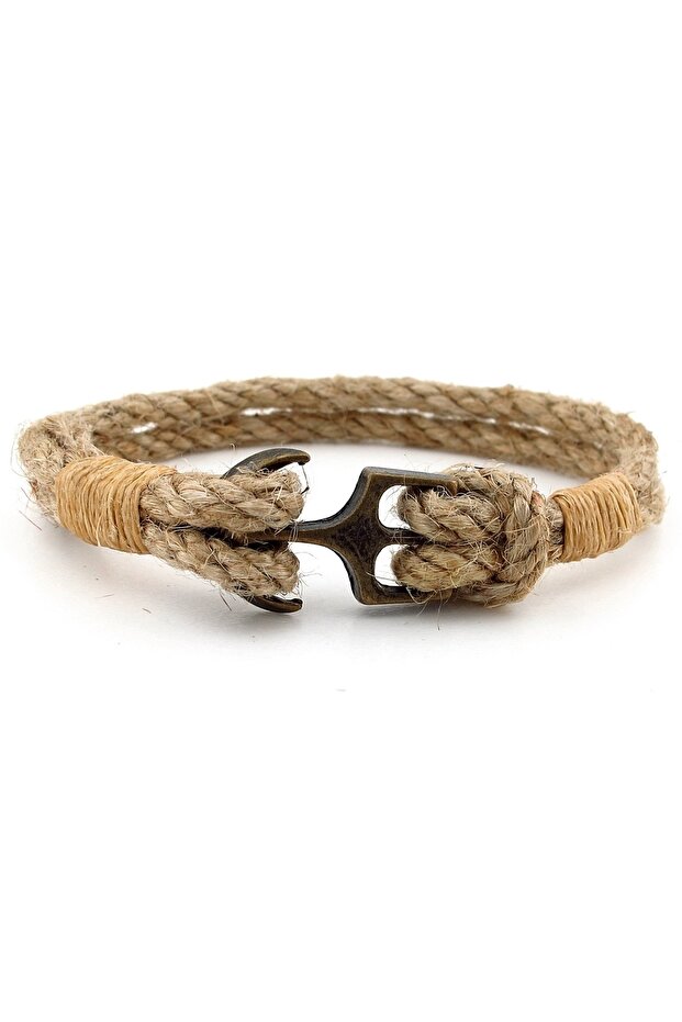 Beige Rope Cream Braided Bronze Metal Anchor Sailor Men's Bracelet M058C