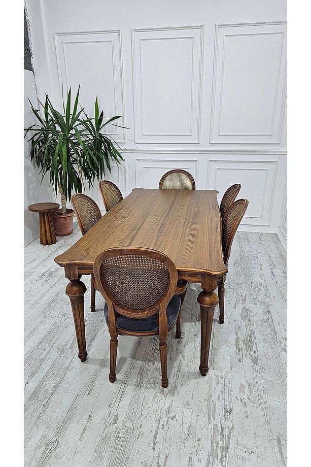 %100 Ladin Ağacı Klasik Asil Masa + 6 Adet Oymalı Hazeranlı Asil Klasik Sandalye Takımı - 5