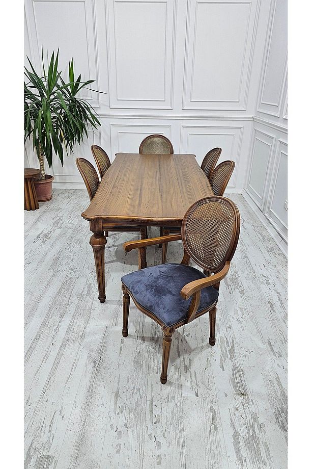 %100 Ladin Ağacı Klasik Asil Masa + 6 Adet Oymalı Hazeranlı Asil Klasik Sandalye Takımı - 7