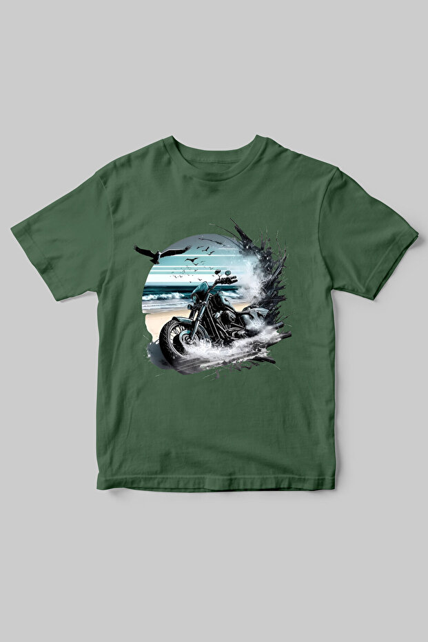 Biker Themed Chopper Motorcycle and Marine Printed Regular Fit 100% Cotton Crew Neck T-Shirt
