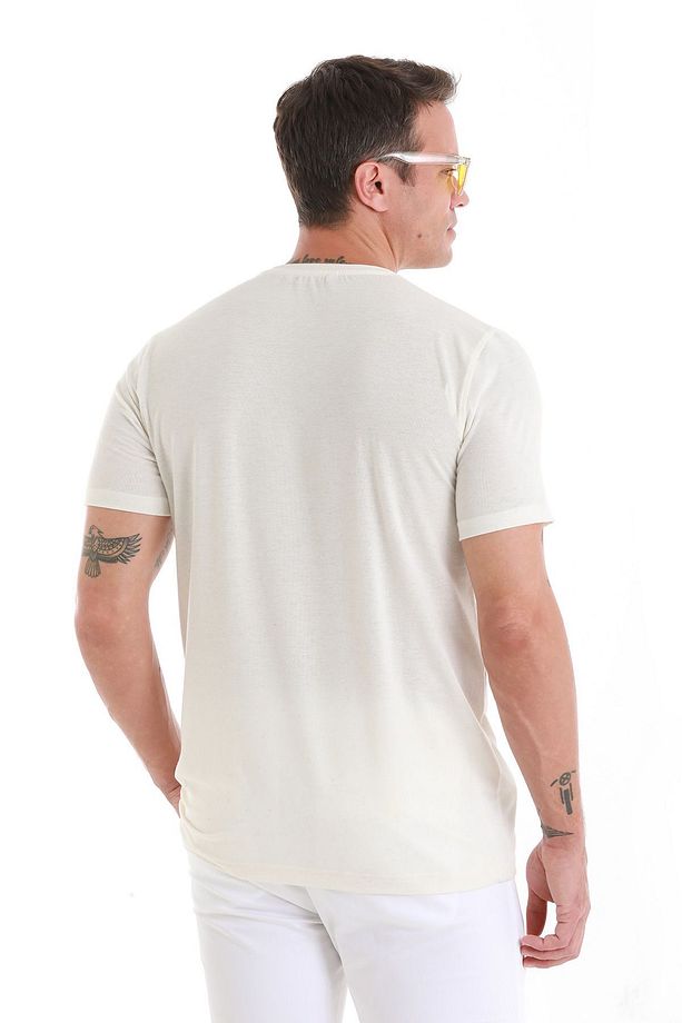 Ekru Regular Fit Düz Bisiklet Yaka Keten Tişört - 6
