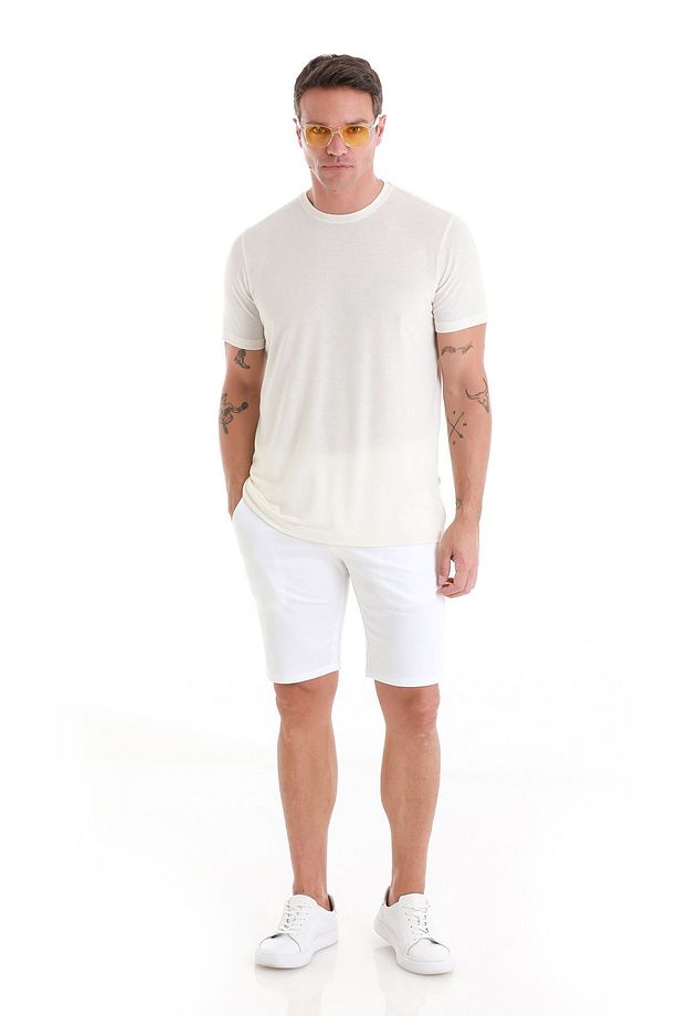 Ekru Regular Fit Düz Bisiklet Yaka Keten Tişört - 2