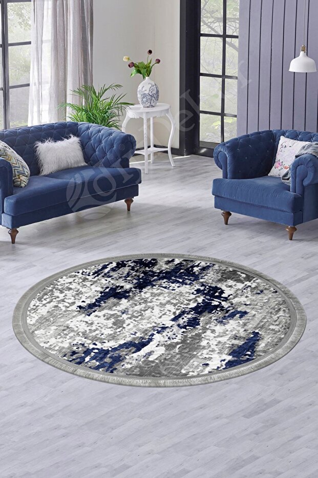 Deluxe Navy Blue Gray Fringed Black Base Round Carpet Model Bath Mat 80X80