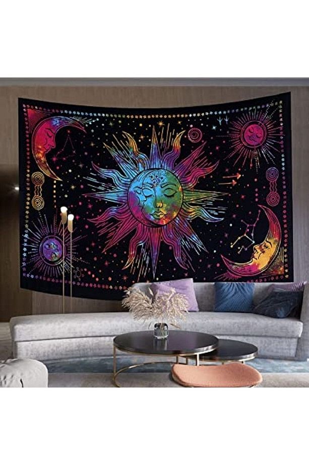 Güneş Ve Ay Renkli Mistik Duvar Örtüsü Duvar Halısı Tapestry - 1