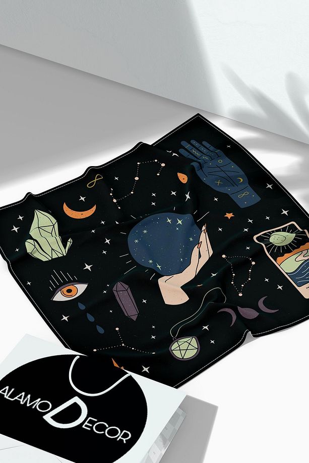 Mistik Astrolojik Desenli Tarot Örtüsü | Sunak Örtüsü | Altar Örtüsü | Ritüel Çalışma Örtüsü - 1