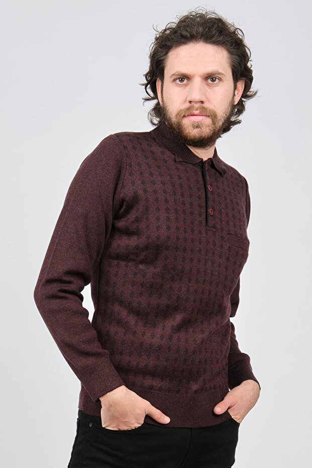 Men's Pocket Detailed Polo Neck Patterned Sweater 42544216 Claret Red
