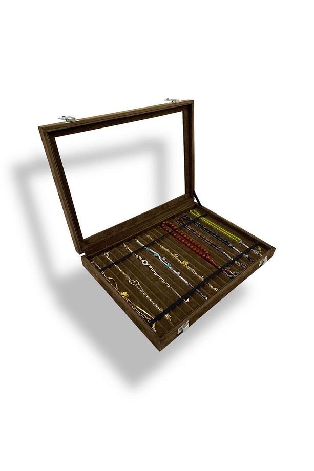 Richbox Tesbih Çantası Kolye Zincir Bileklik Kutusu Alcantara Kahve - 3