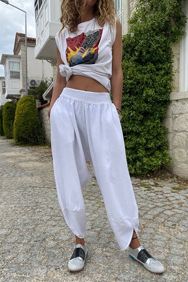 Women's White Washed Linen Baggy Trousers with Pockets and Elastic Waist Rsd58048