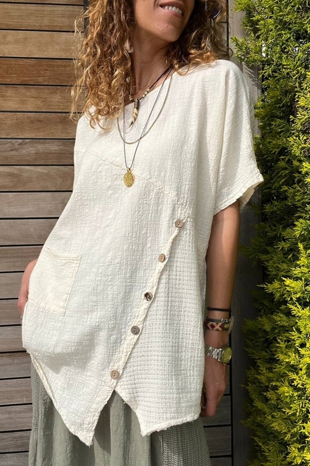 Women's Beige Asymmetrical Cut Button Detailed Single Pocket Linen Look Loose Blouse RSD1232