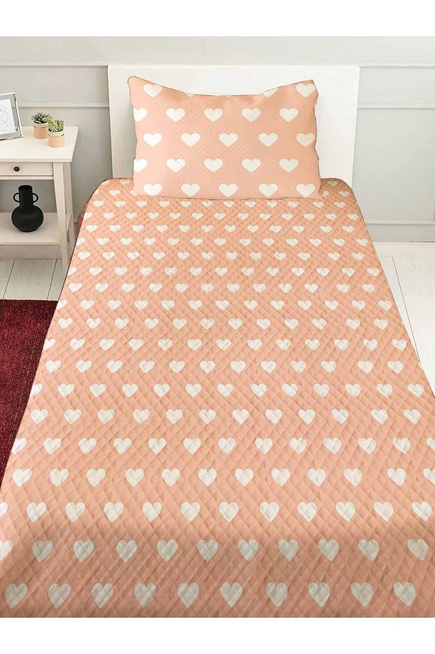 Pembe Kalpli Desenli Tek Kişilik Yastıklı Baskılı Yatak Örtüsü Pike Takımı 160x220cm - 2