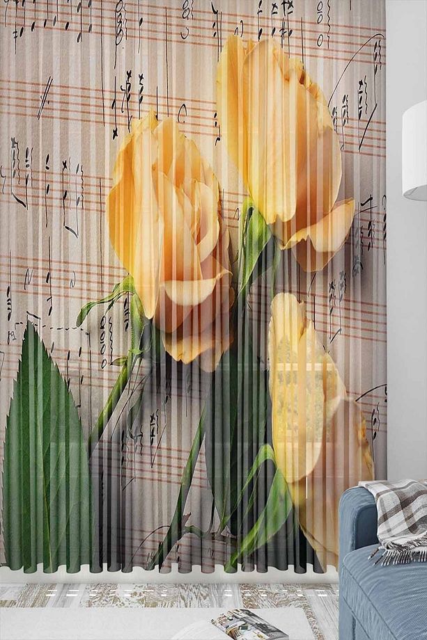 Else Sarı Güller Desenli Dekoratif Modern 3d Tül Fon Perde - 1