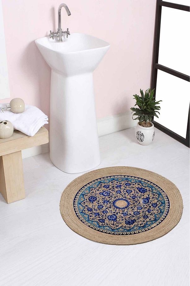 Çini Desenli Halat Hasır Jüt Örgü Yuvarlak Halı Banyo Paspası 80x80cm - 1