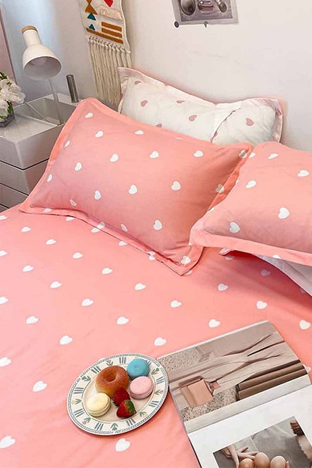 Pembe Kalpli Çift Taraflı Pamuk Saten Tek Kişilik Nevresim Takımı - 5