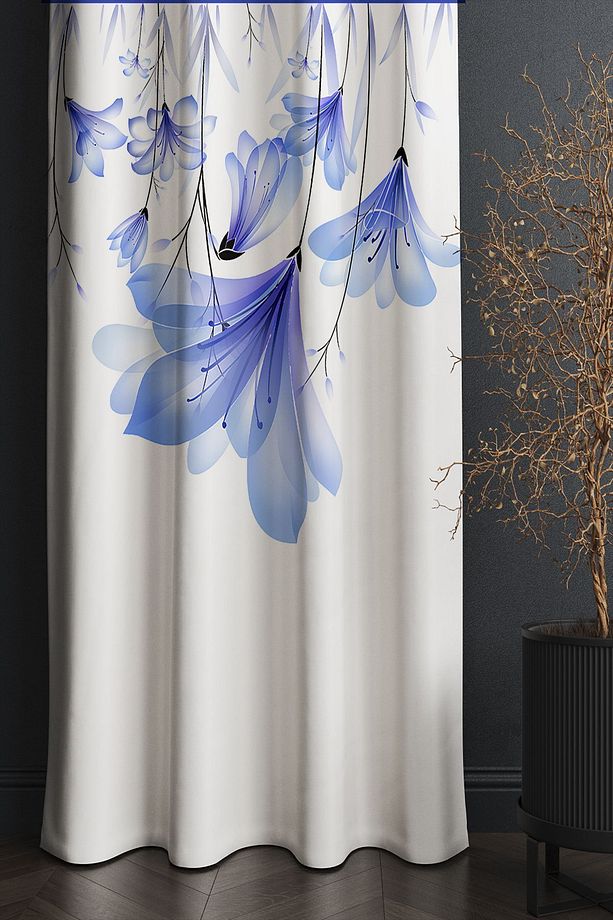 Mavi Çiçekler Desenli Baskılı Dekoratif Salon Mutfak Fon Perde 140x260cm - 4