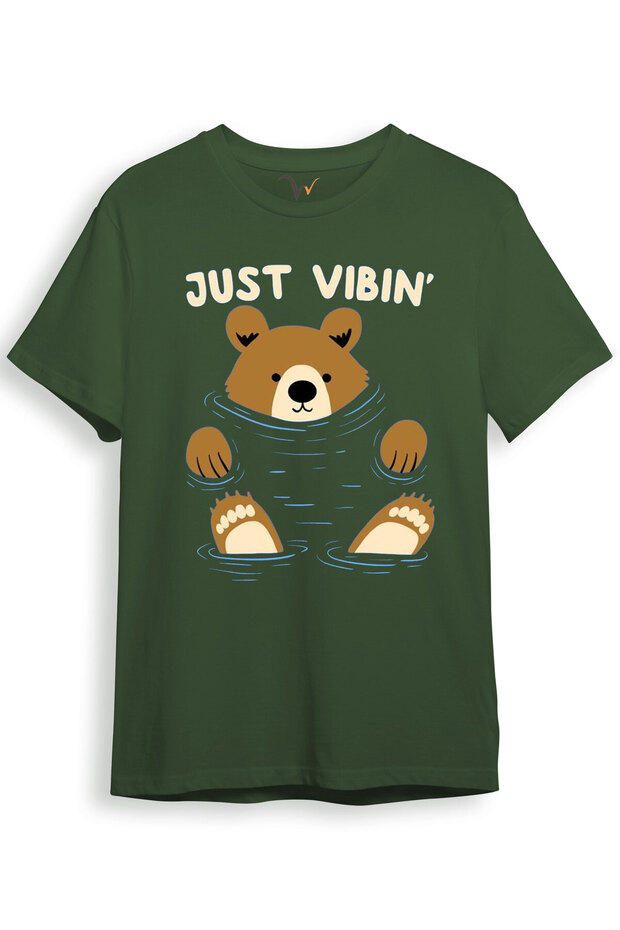 Just Vibin Cute Teddy Bear Printed Regular Fit 100% Cotton Khaki T-Shirt