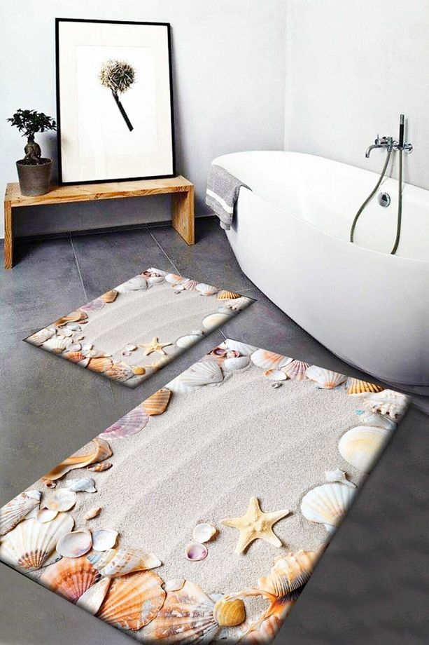 Kahve Sarı Deniz Kabukları Banyo Paspas Seti - 1
