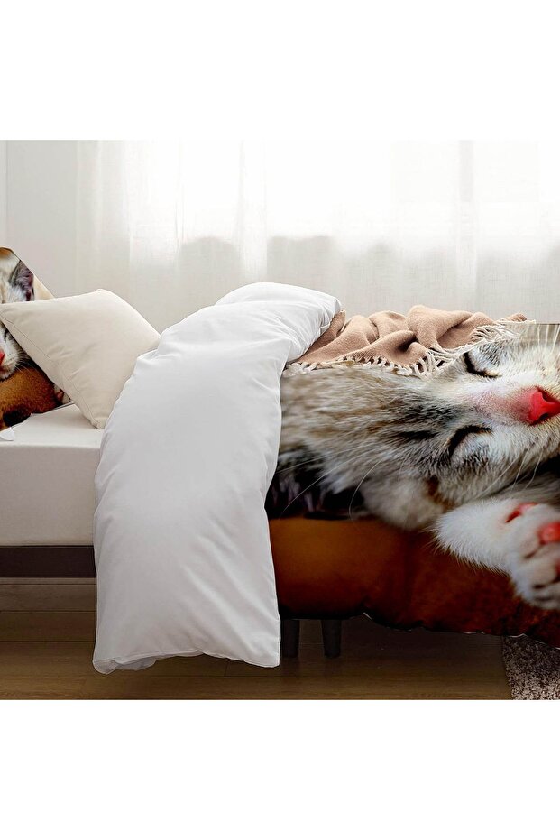 Uyuyan Kedi Desenli Baskılı Pamuk Saten Çocuk ve Tek Kişilik Nevresim Takımı - 4