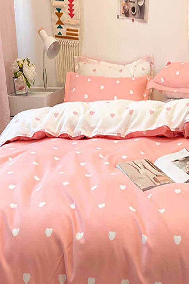Pembe Kalpli Çift Taraflı Pamuk Saten Tek Kişilik Nevresim Takımı - 4