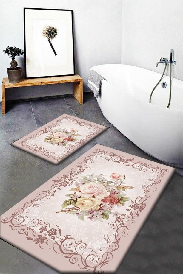 Kahve Sarı Pembe Çiçekli Banyo Paspas Seti - 1