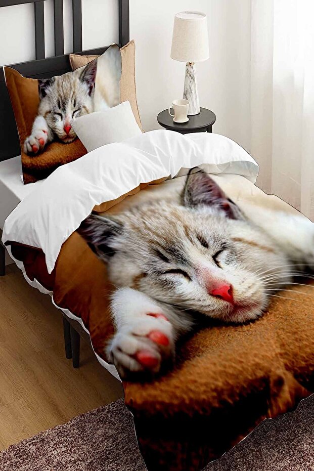 Uyuyan Kedi Desenli Baskılı Pamuk Saten Çocuk ve Tek Kişilik Nevresim Takımı - 2