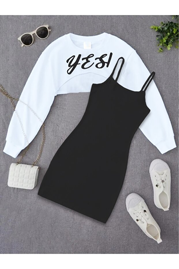 Kids Yes Printed Dress & Crop Sweatshirt 2-Piece Combination