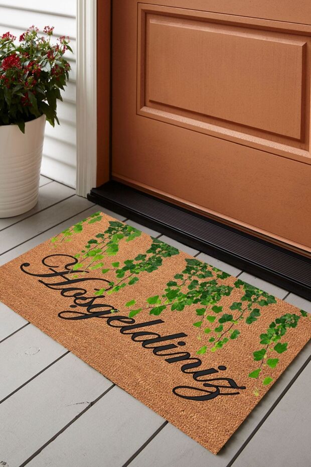 Else Yeşil Yaprak Hoş Geldin Dekoratif Modern Iç Ve Dış Kapı Önü Paspası Kps-8 - 1