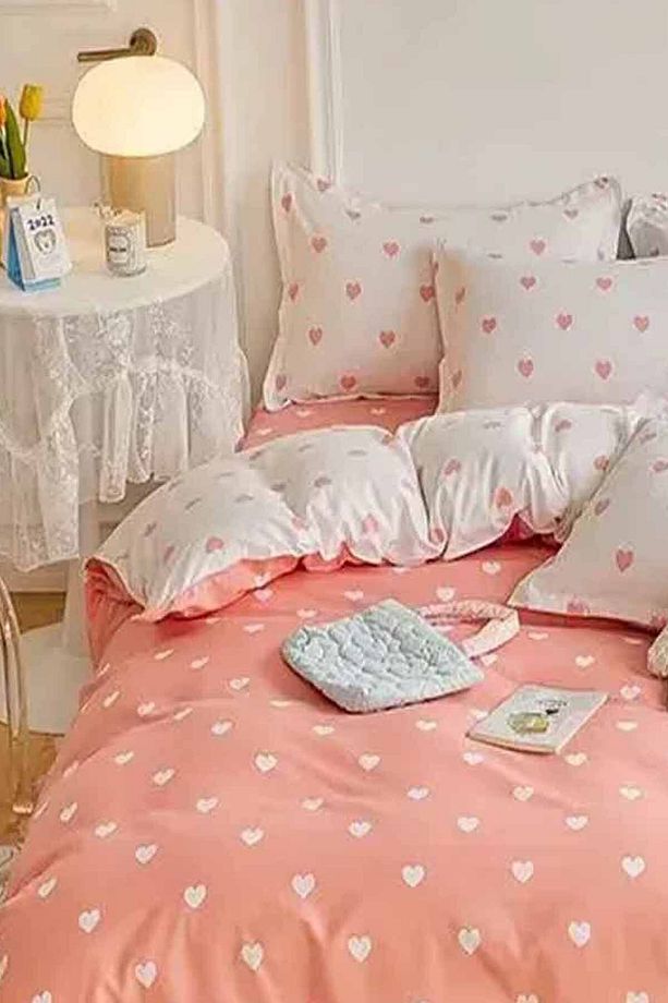 Pembe Kalpli Çift Taraflı Pamuk Saten Tek Kişilik Nevresim Takımı - 3