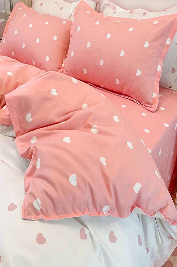 Pembe Kalpli Çift Taraflı Pamuk Saten Tek Kişilik Nevresim Takımı - 2