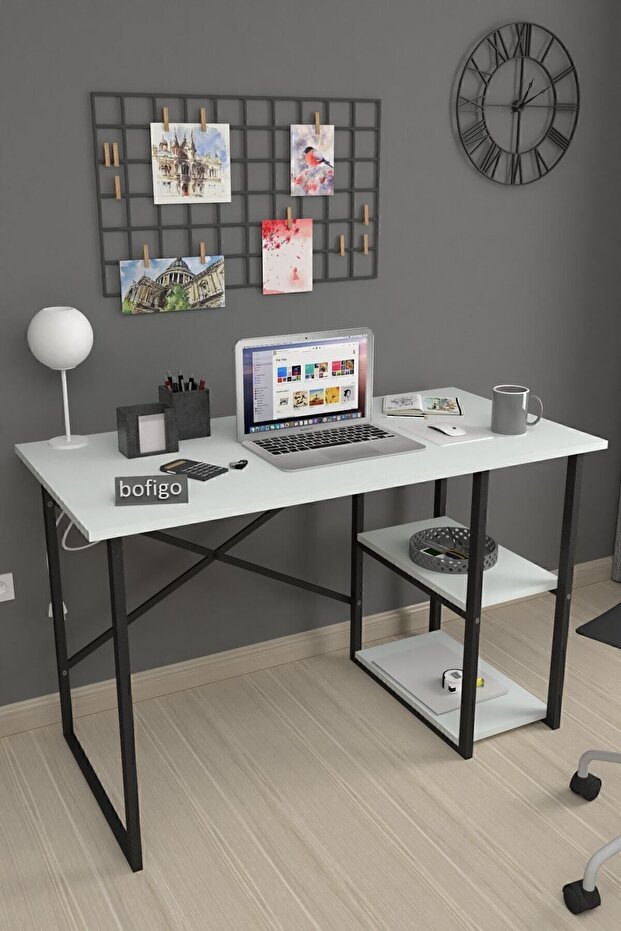 Bofigo 60x120 Cm 2 Raflı Çalışma Masası Bilgisayar Masası Ofis Ders Yemek Masası Kafka Beyaz
