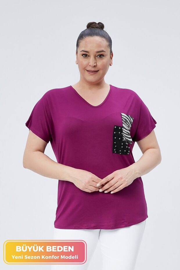 Plus Size New Season Comfortable Comfort Model Pocket Detailed Short Sleeve V-Neck Combed Cotton Tunic T-Shirt