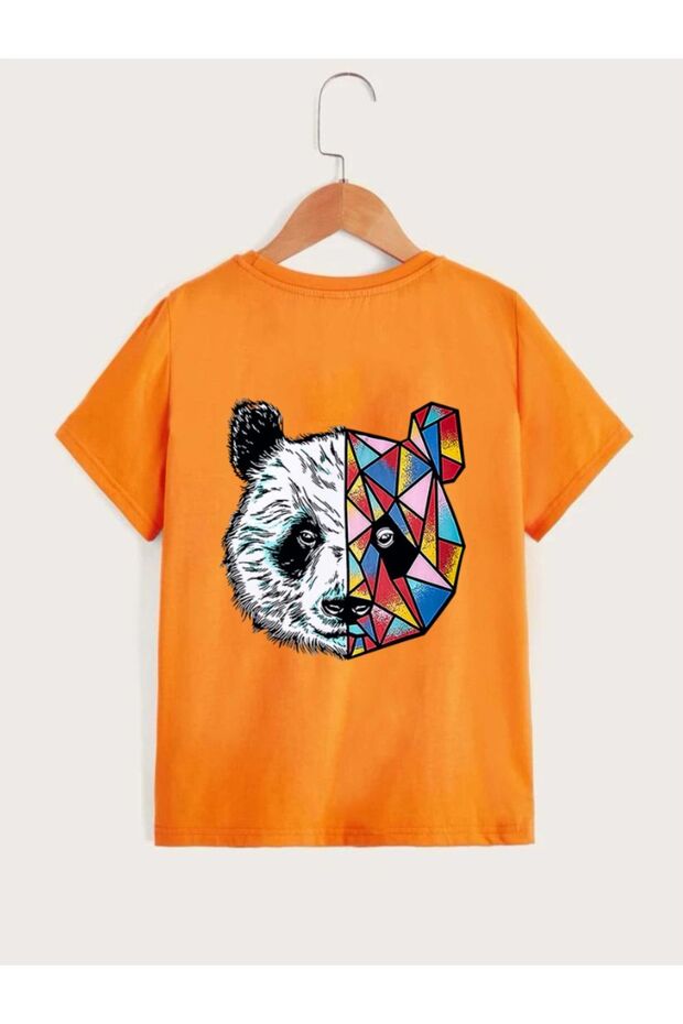 Kids Unisex Oversized Orange Geometric Panda Front and Back Printed t-shirt