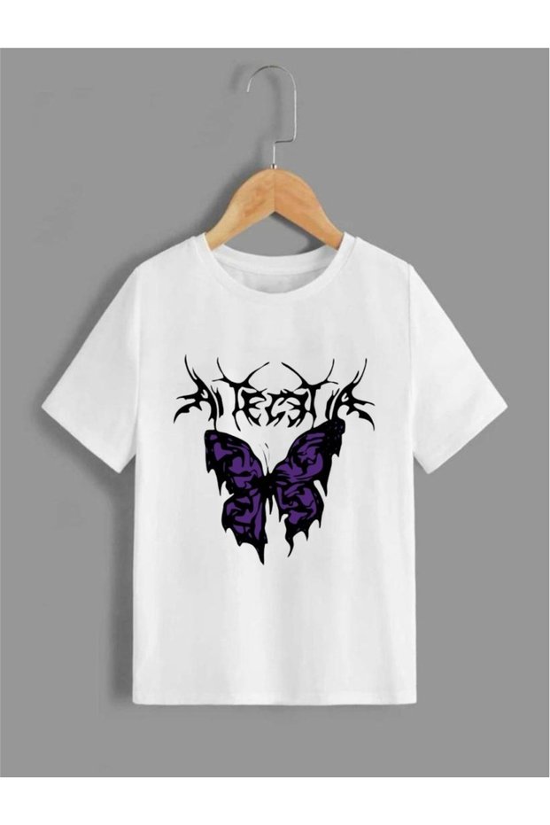 Children's Unisex Oversize White Purple Butterfly Printed T-shirt