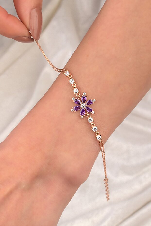 925 Ayar Gümüş Nergis Çiçeği Bileklik - Mor - 3