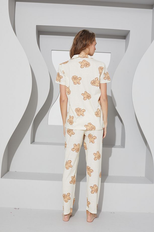 sarı köpek desenli Örme Düğmeli Pijama Takım - 3