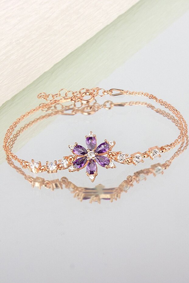 925 Ayar Gümüş Nergis Çiçeği Bileklik - Mor - 1