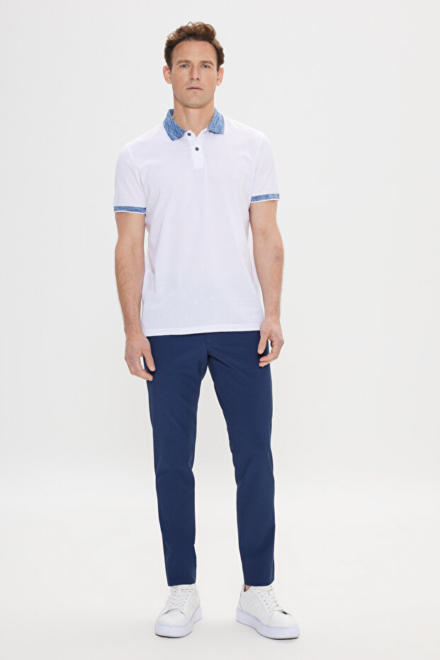Slim Fit Dar Kesim %100 Pamuk Jakarlı Polo Yaka Beyaz-Lacivert Tişört - 2